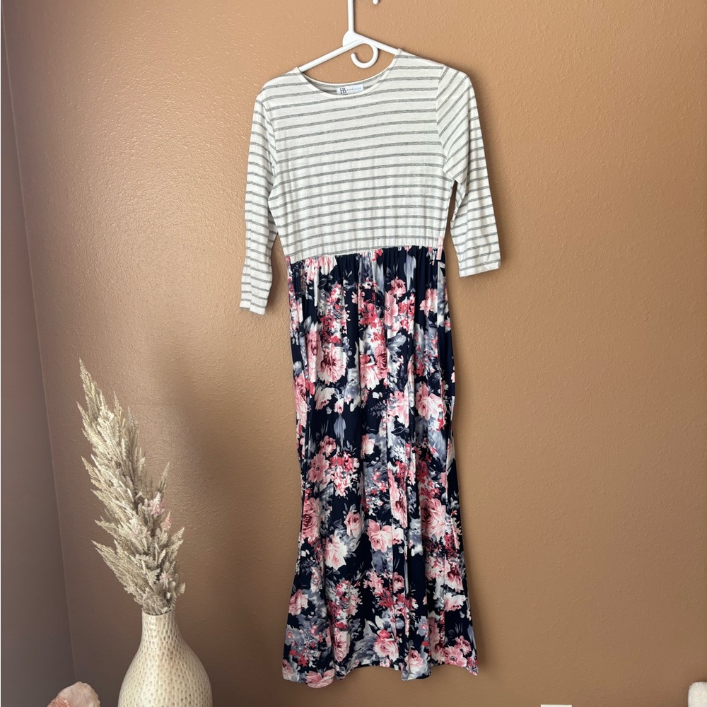 Hazel Blues Striped & Floral Maxi Long Sleeve Dress - Size Large